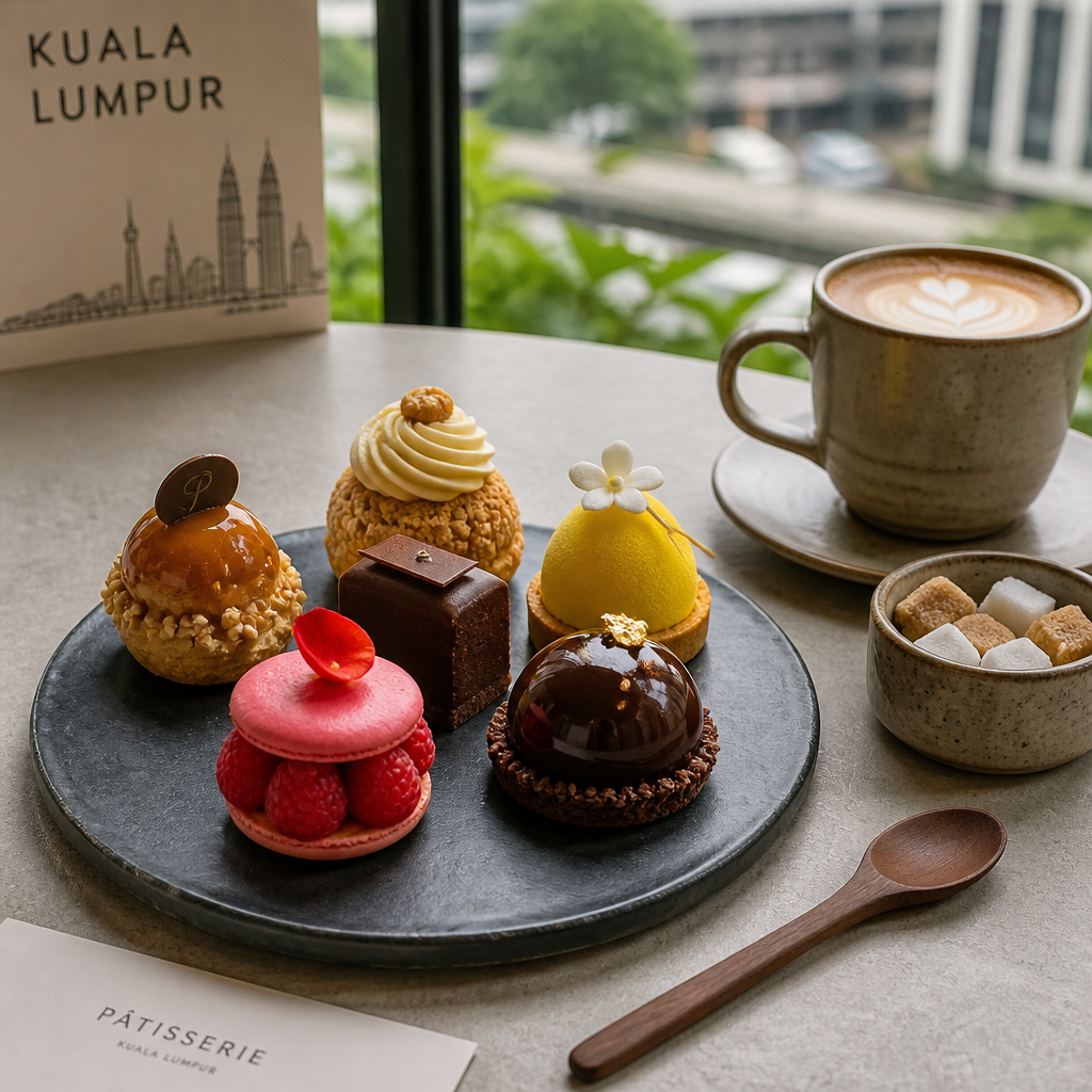 French pastries on a plate at a modern KL café with coffee cup and café table styling