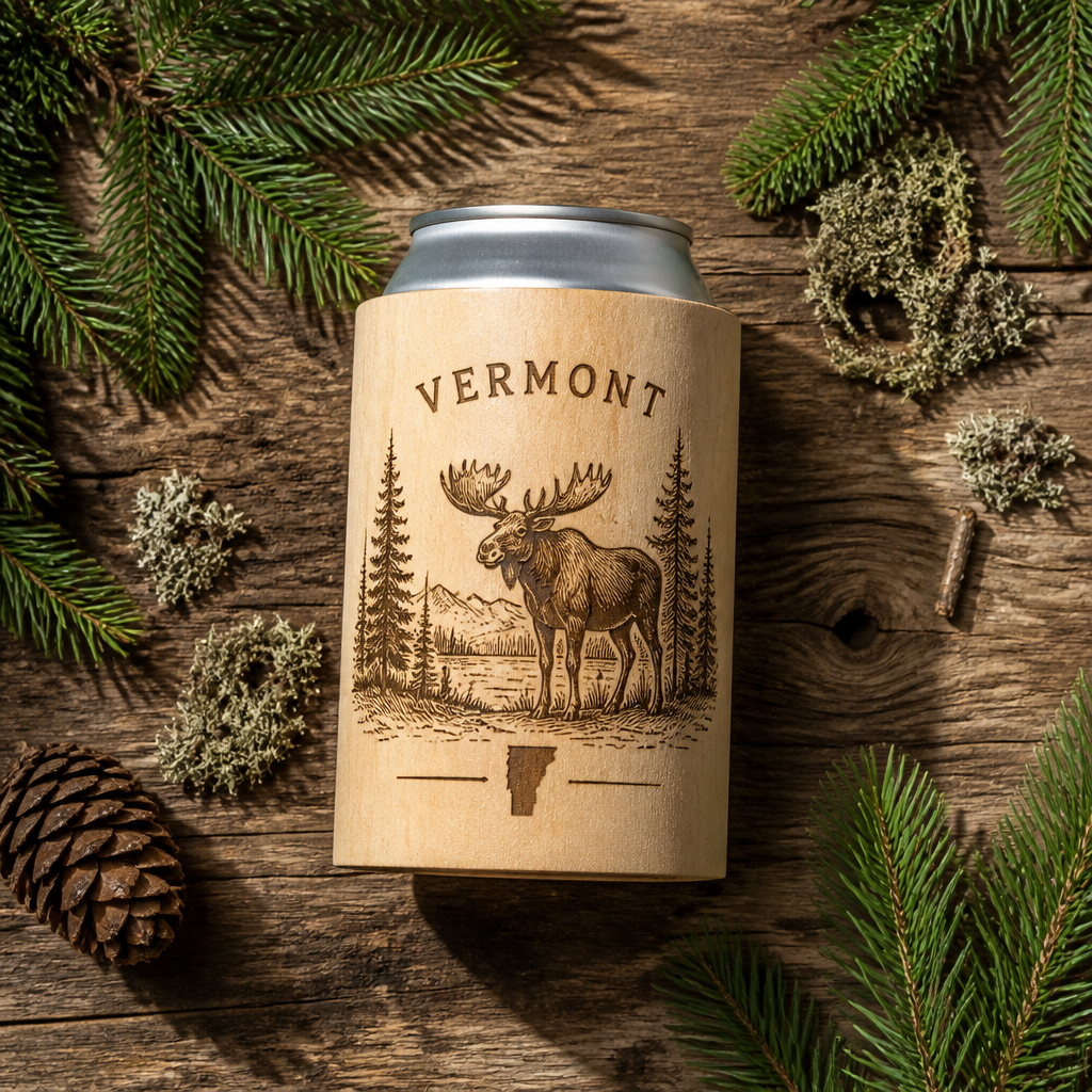 Wood can cooler with etched Vermont wildlife design on rustic surface