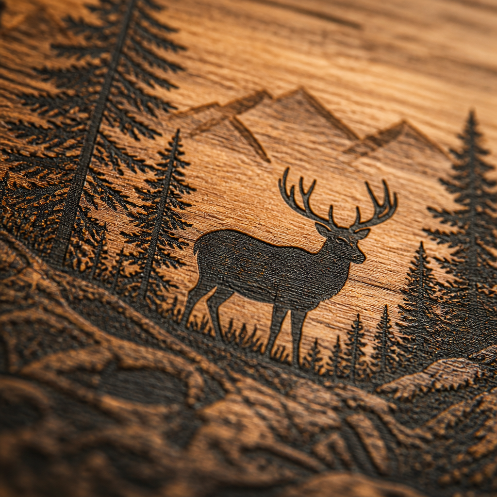 Detailed view of laser-etched wildlife design on wood surface