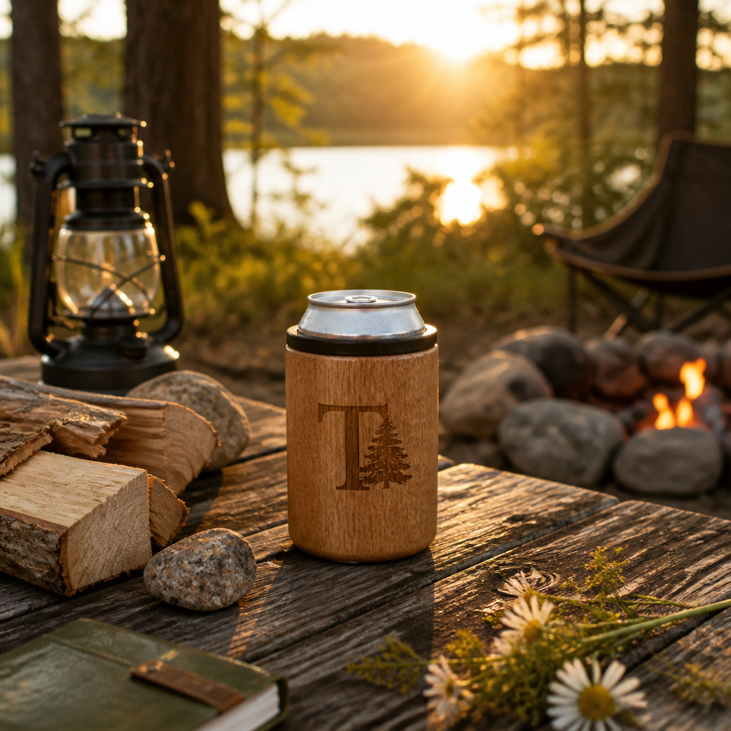 Wood can cooler in outdoor camping environment with natural elements