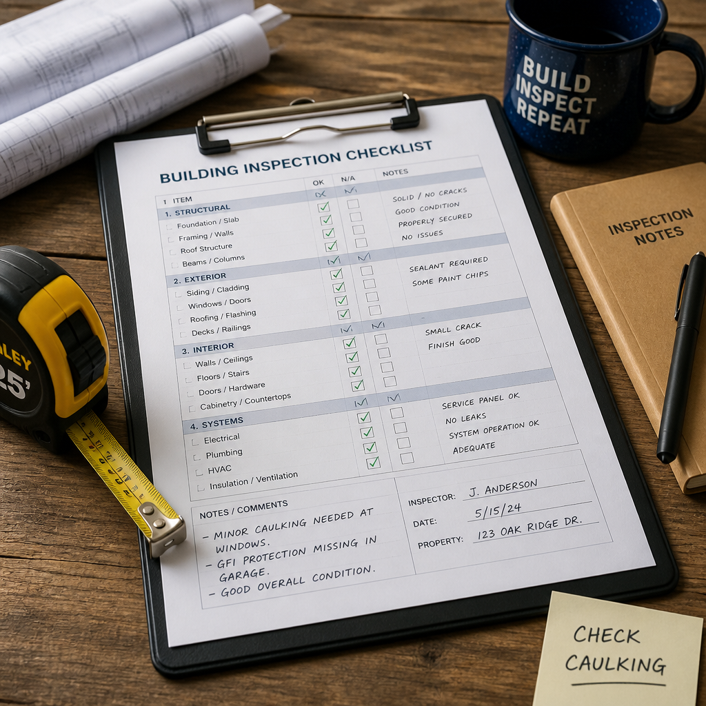 Building inspection checklist and tools on desk