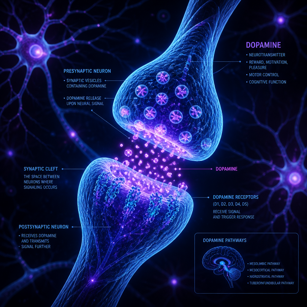 Visualização abstrata de vias neurais e sinapses iluminadas representando atividade cerebral