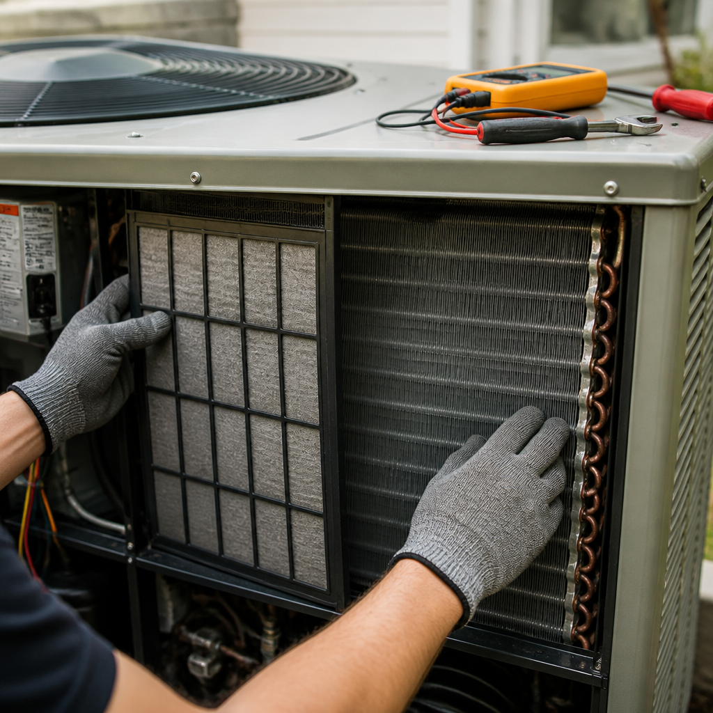 Technician inspecting outdoor AC unit components during maintenance