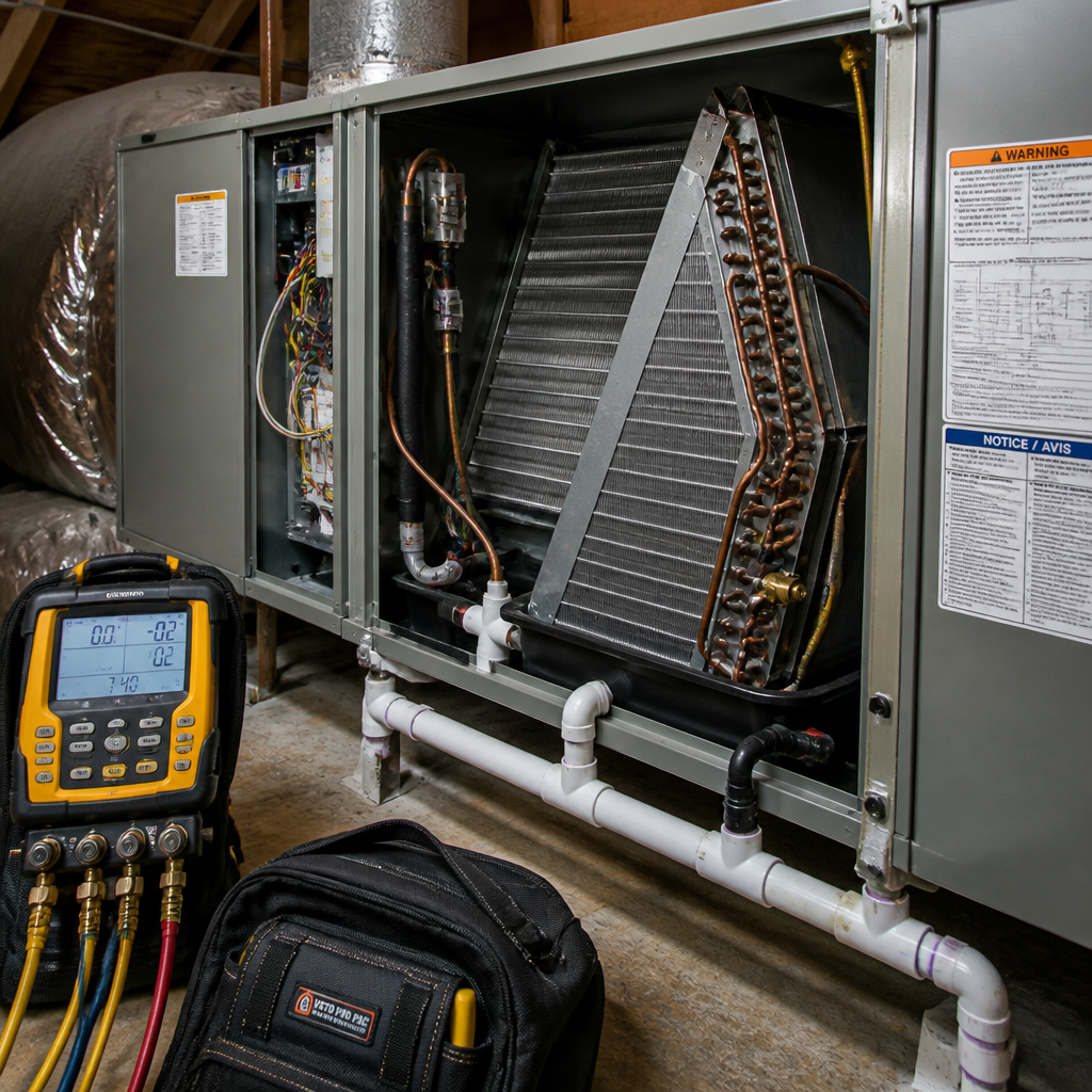 Interior air handler unit and coils visible during AC system inspection