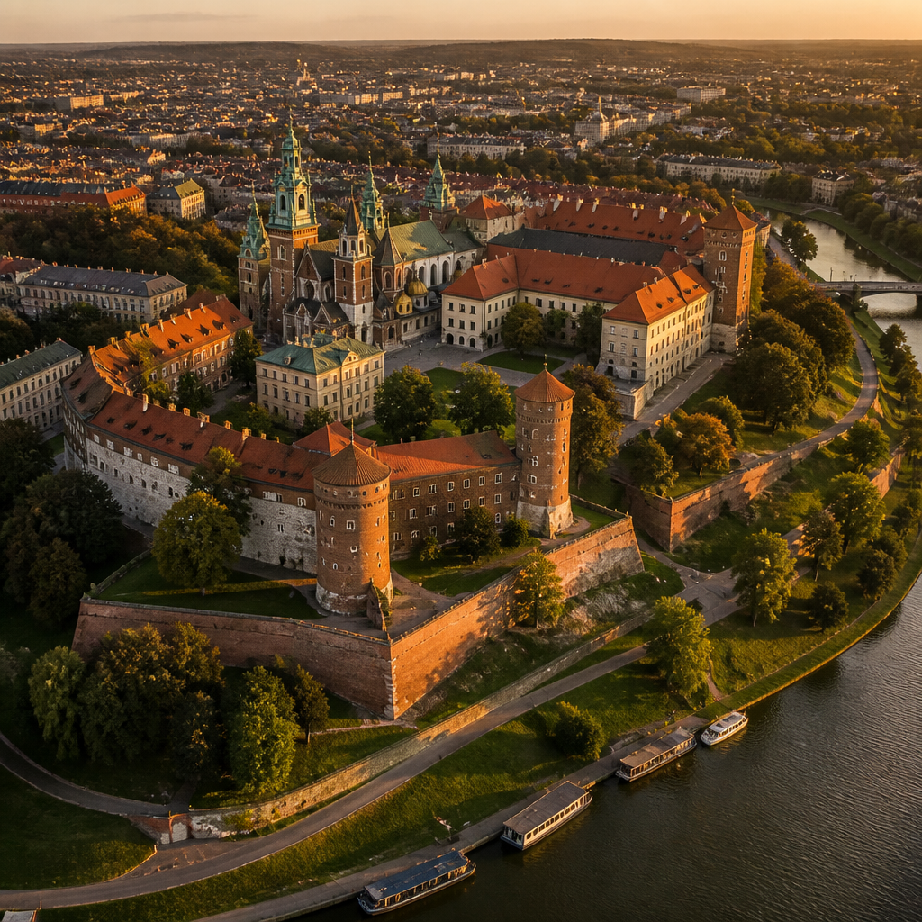 Widok z helikoptera na Wawel i katedrę w Krakowie podczas złotej godziny, z Wisłą widoczną poniżej
