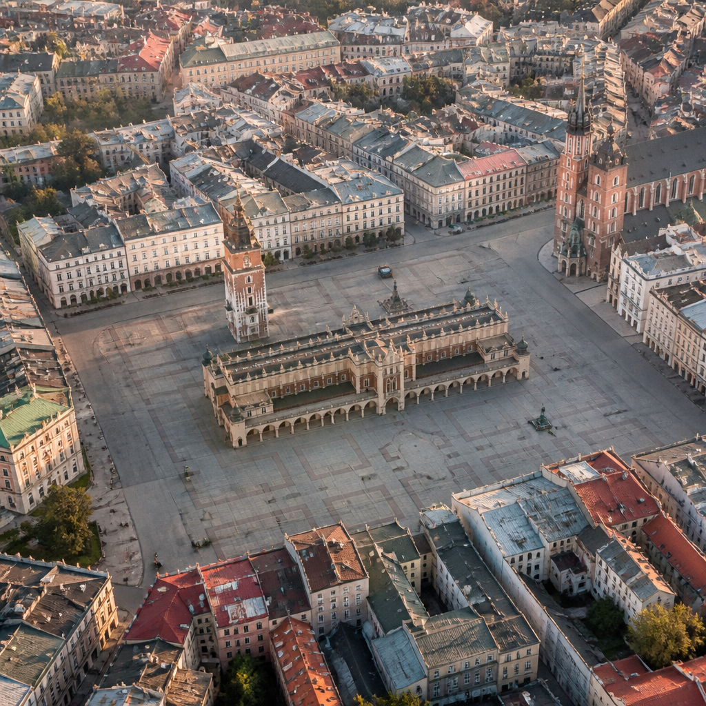 Widok z powietrza na Rynek Główny w Krakowie z jego charakterystycznym układem zabytkowych budynków