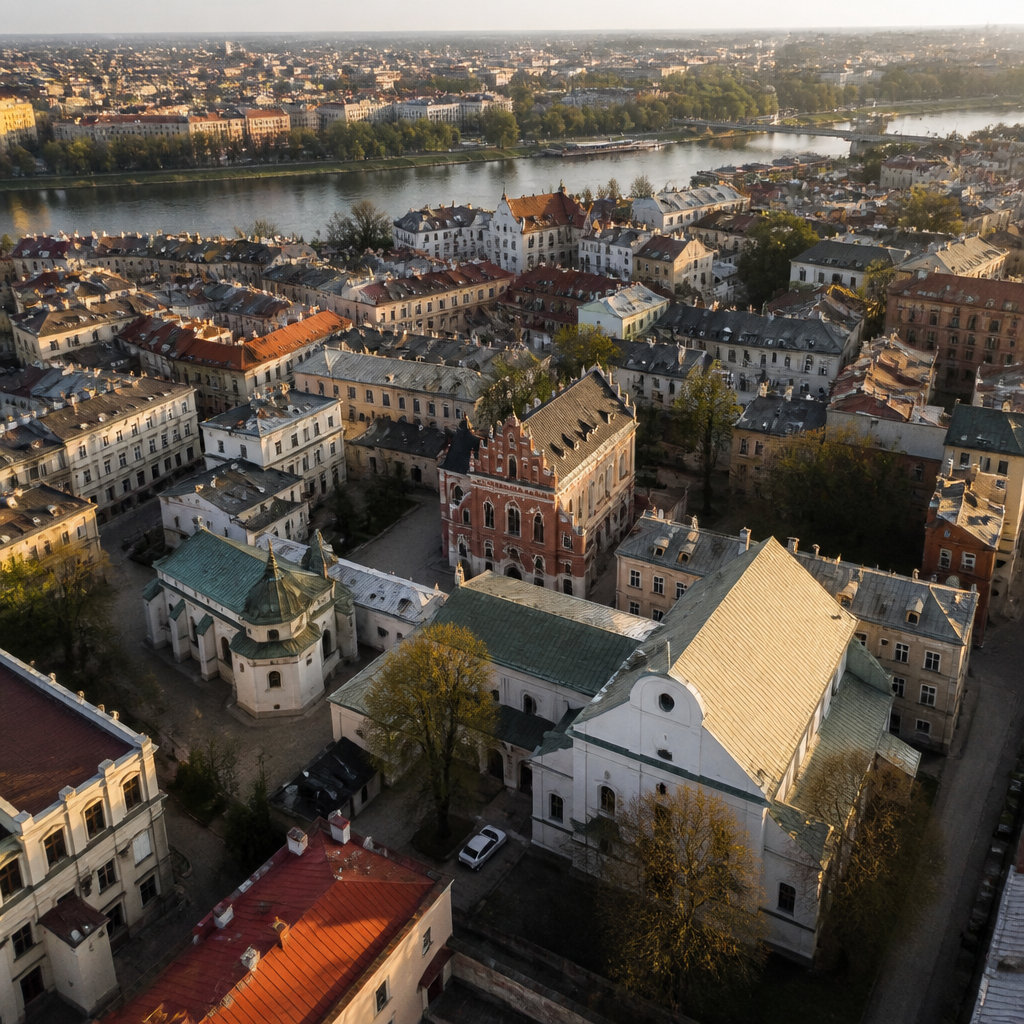 Lot helikopterem nad dzielnicą Kazimierz w Krakowie pokazujący zabytkowe ulice i architekturę z powietrza