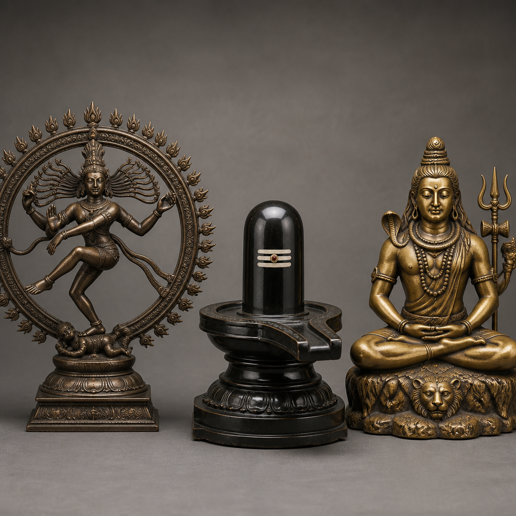 Drei verschiedene Shiva-Statuenformen werden zusammen angezeigt und zeigen Nataraja-, Lingam- und Maheshmurti-Skulpturen