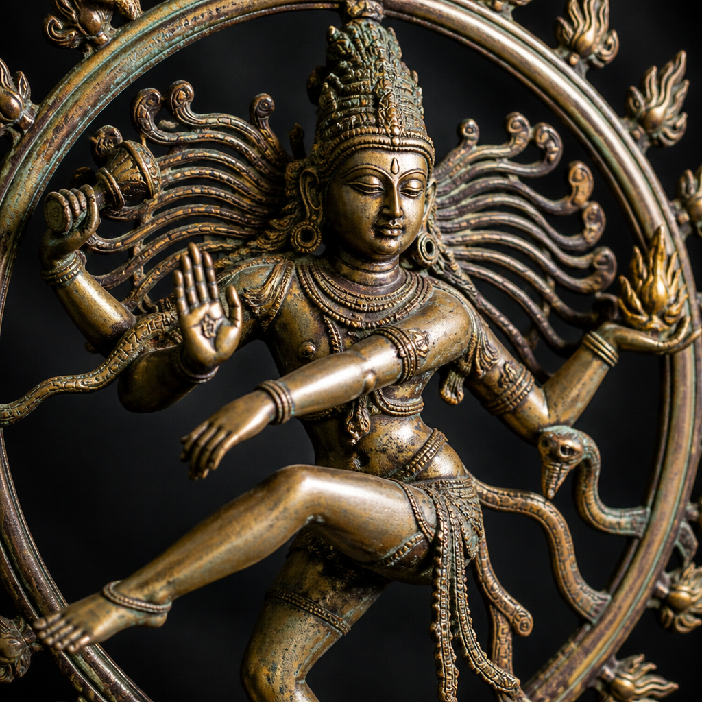Detaillierte Nahaufnahme einer Nataraja-Skulptur, die die kosmische Tanzpose mit kunstvollen Bronzedetails zeigt