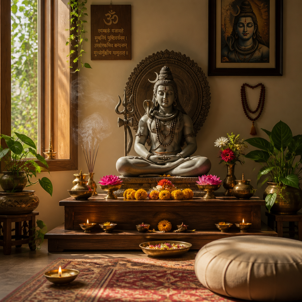 Ein spirituell gestalteter Altarraum mit einer Shiva-Statue als Mittelpunkt, umgeben von Opfergaben und friedlicher Beleuchtung