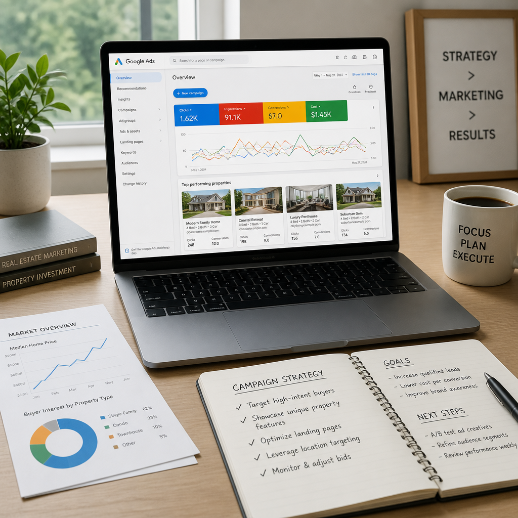 Google Ads dashboard on laptop with real estate analytics and planning materials on a modern desk