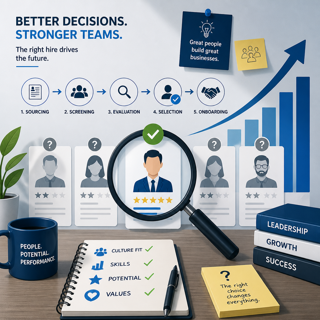 Abstract illustration of hiring checklist and decision-making process with business icons