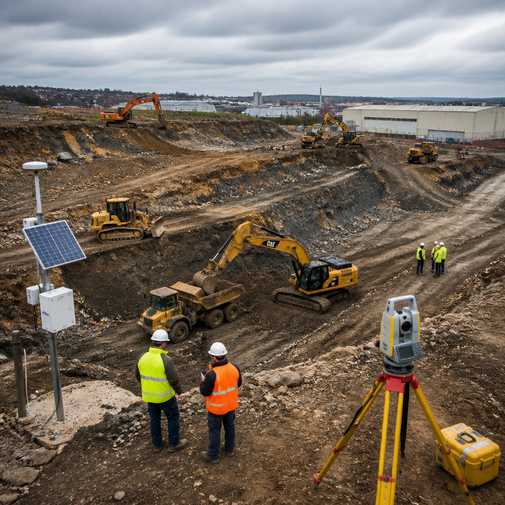 Vue aérienne d'un chantier BTP actif avec engins de terrassement et monitoring géotechnique en temps réel