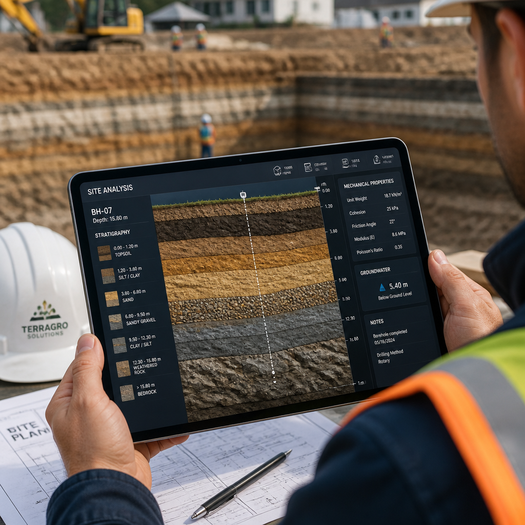 Tablette affichant une coupe géologique et des données géotechniques sur un chantier de construction