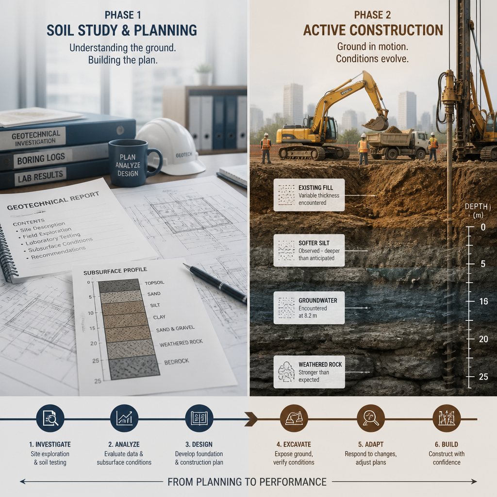 Comparaison visuelle entre l'étude de sol initiale et le suivi géotechnique pendant la phase chantier