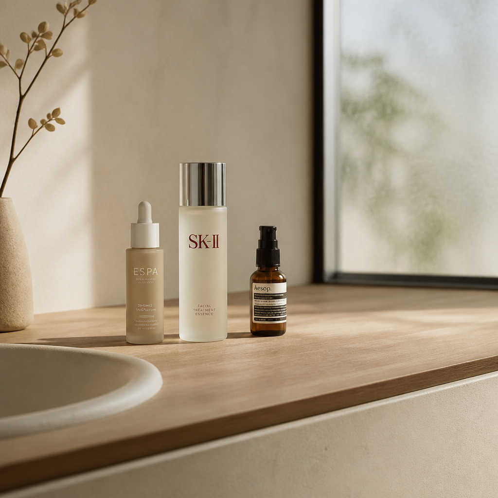 Three high-quality skincare products displayed on a minimalist bathroom counter with natural lighting