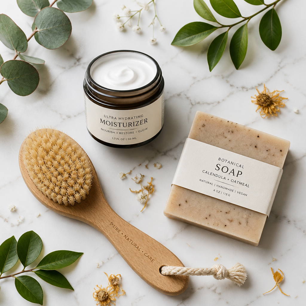 Curated selection of quality self-care products arranged on marble with botanical elements