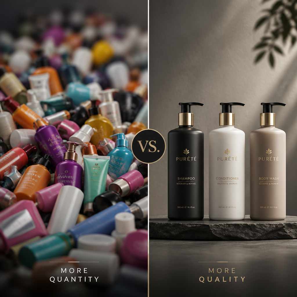 Visual contrast between cluttered product overload and intentional quality curation