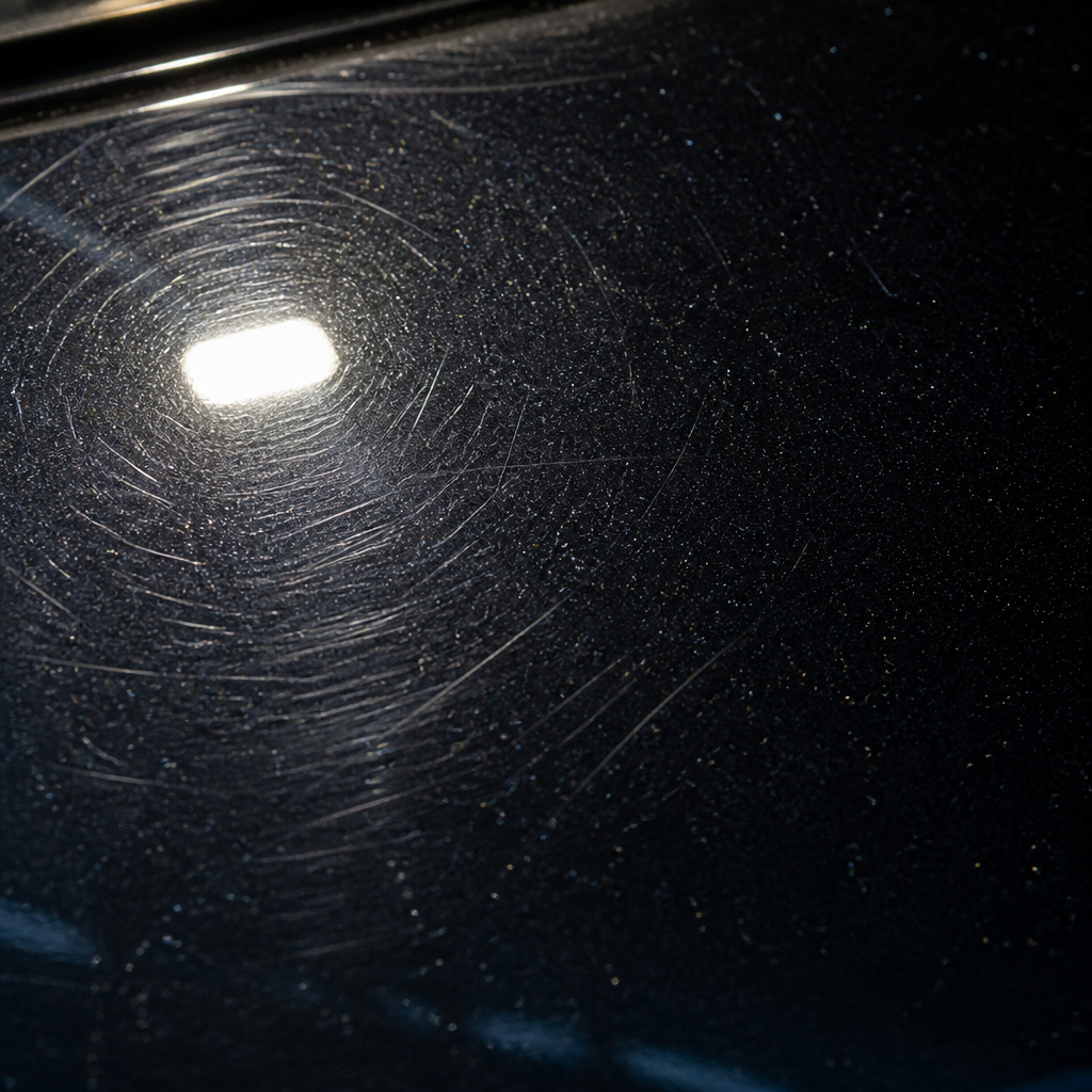 Close-up of car paint with visible swirl marks and microscopic scratches