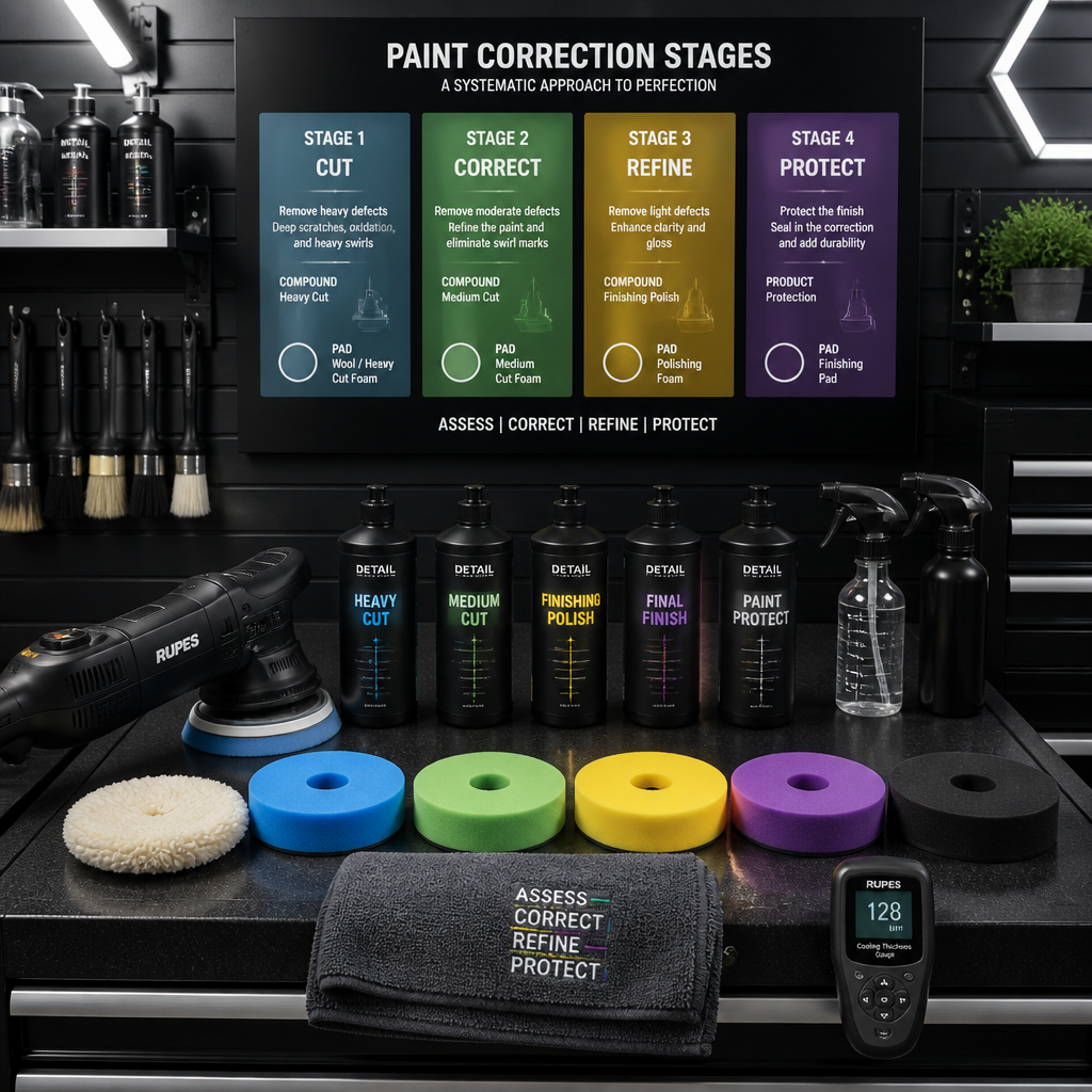 Detailing workspace with polishing equipment and correction compounds