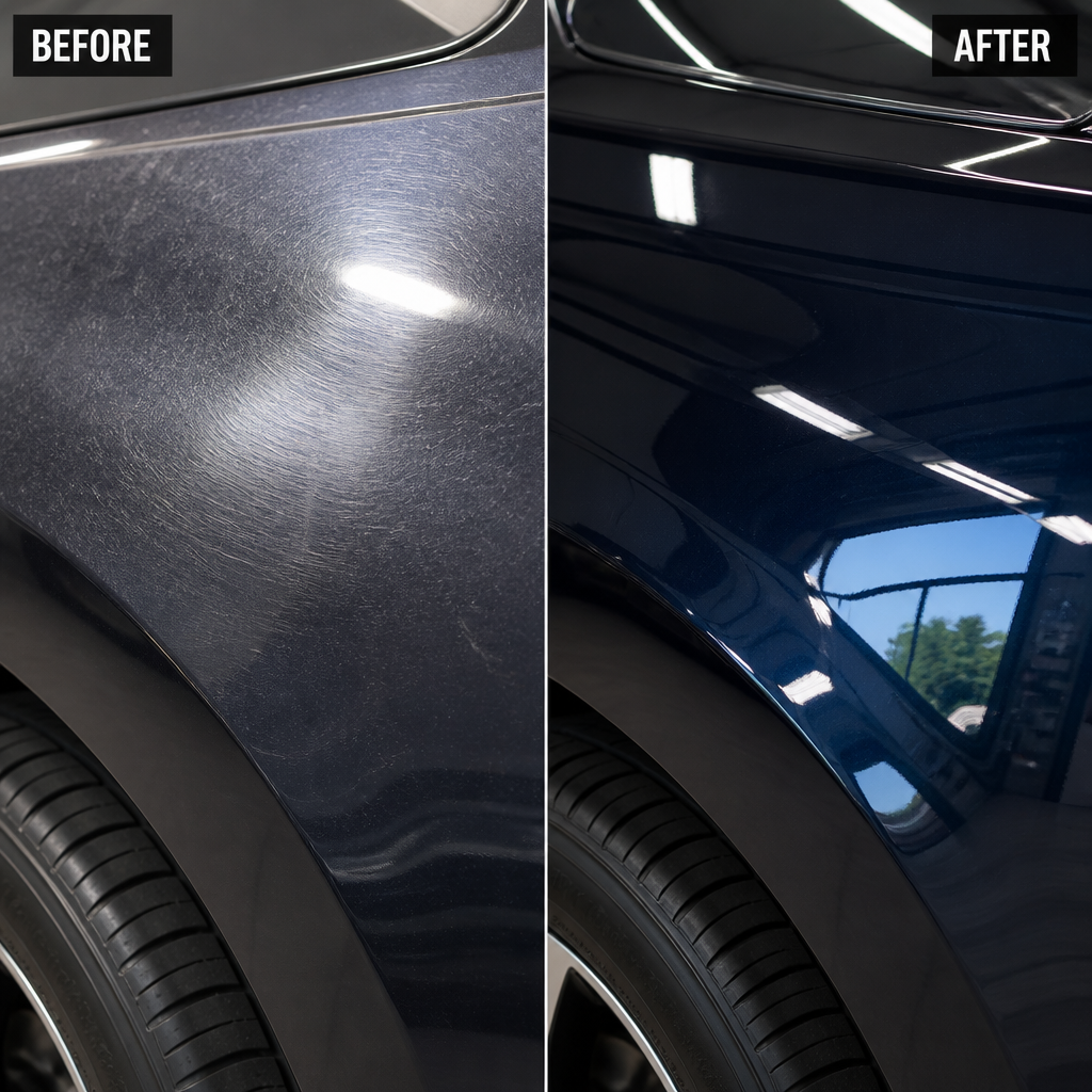 Before and after paint correction showing dull finish transforming to glossy shine