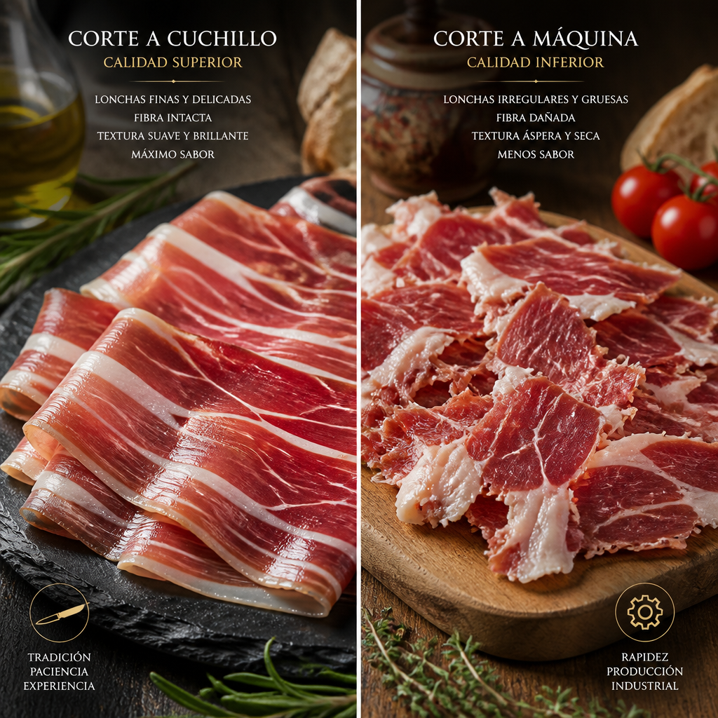Comparación visual entre jamón cortado a cuchillo y a máquina mostrando diferencias en textura y fibra