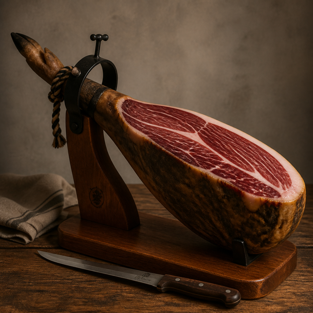 Configuración tradicional de corte de jamón ibérico con cuchillo y soporte de madera