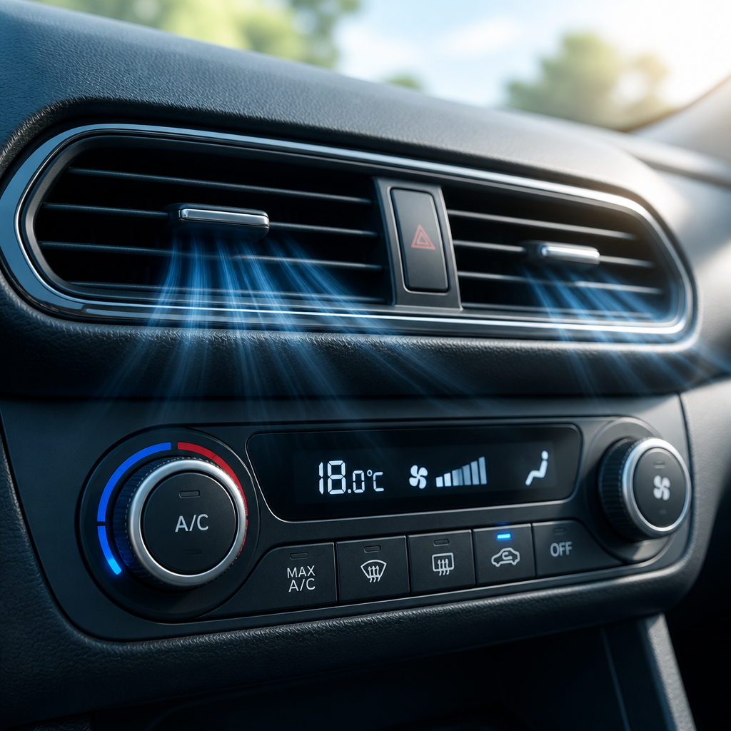 Car air conditioning control panel set to cool temperature