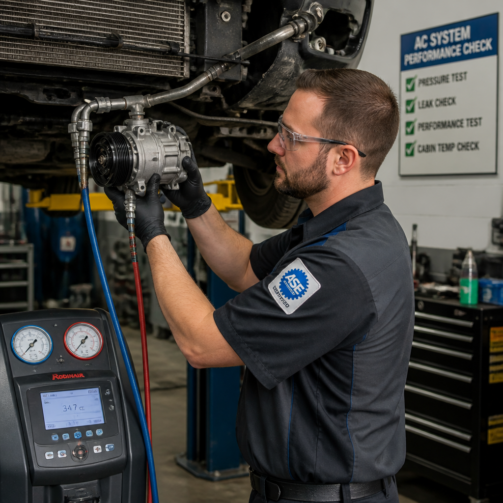 Automotive technician performing air conditioning system diagnostics in a professional garage