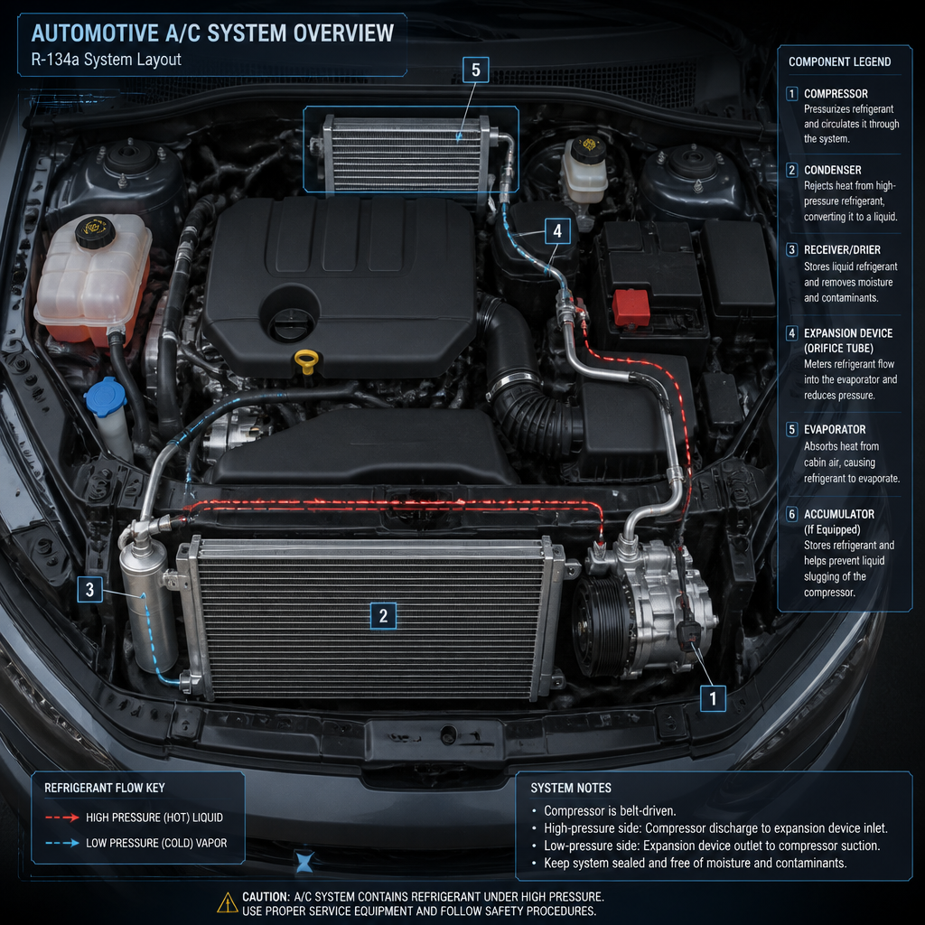 Vehicle engine bay showing air conditioning system components