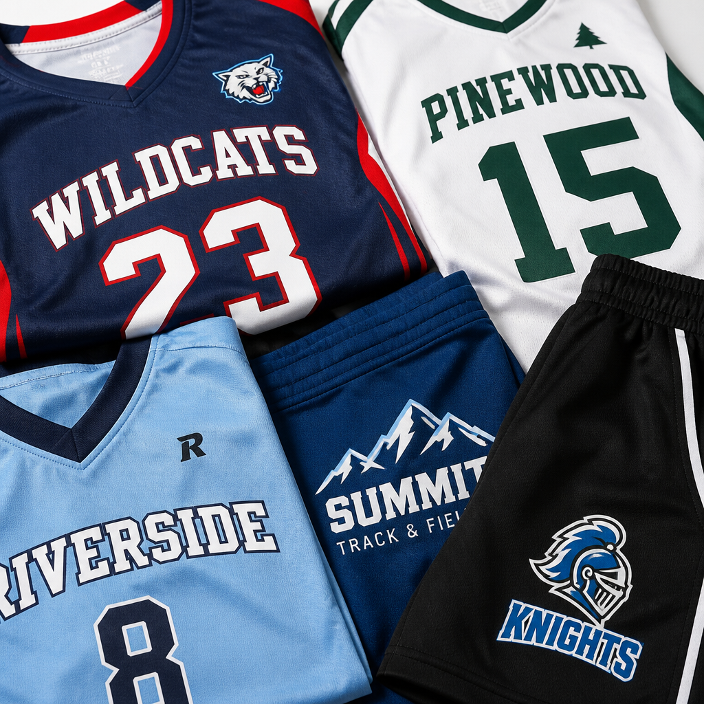 Folded sports jerseys showing full-color DTF printed graphics and numbers on performance fabrics