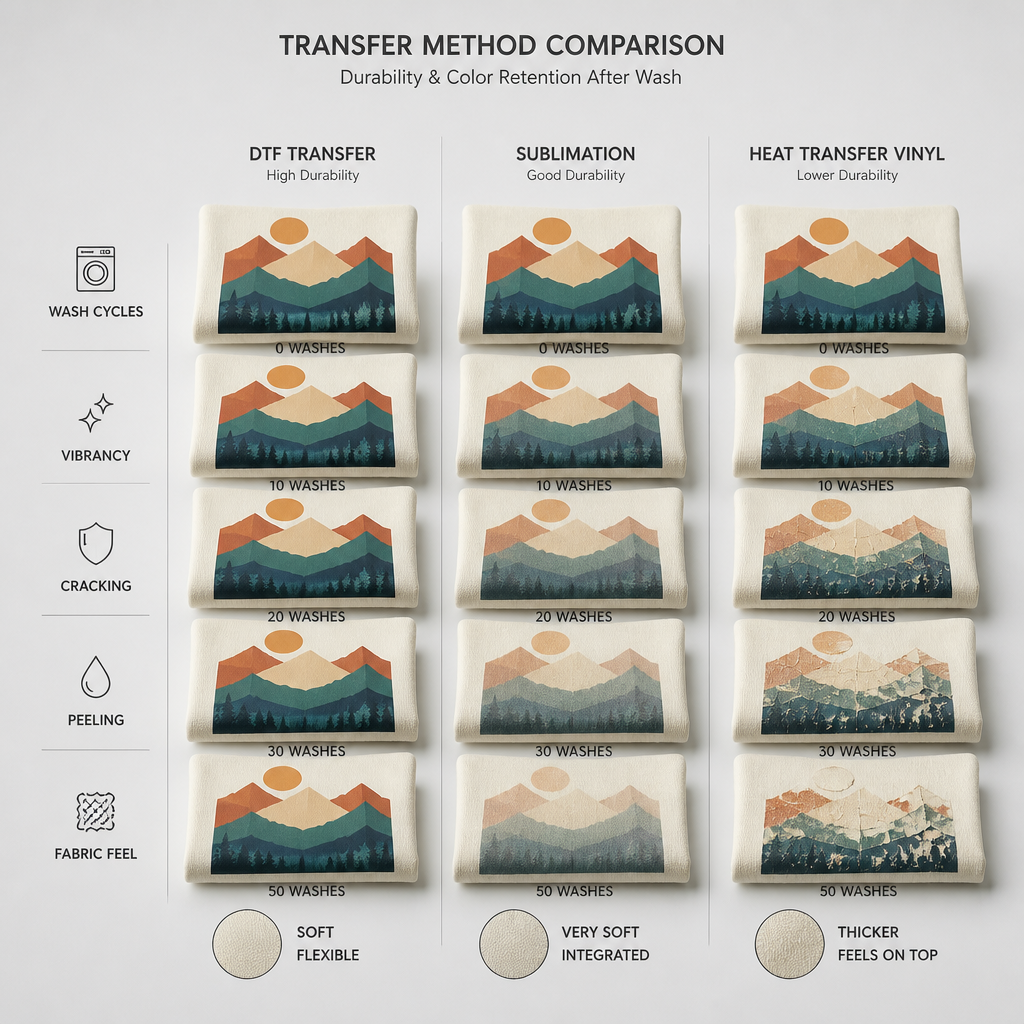 Three textile samples demonstrating different printing methods and color durability