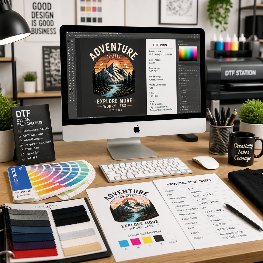 Design workspace with DTF artwork preparation materials and specifications