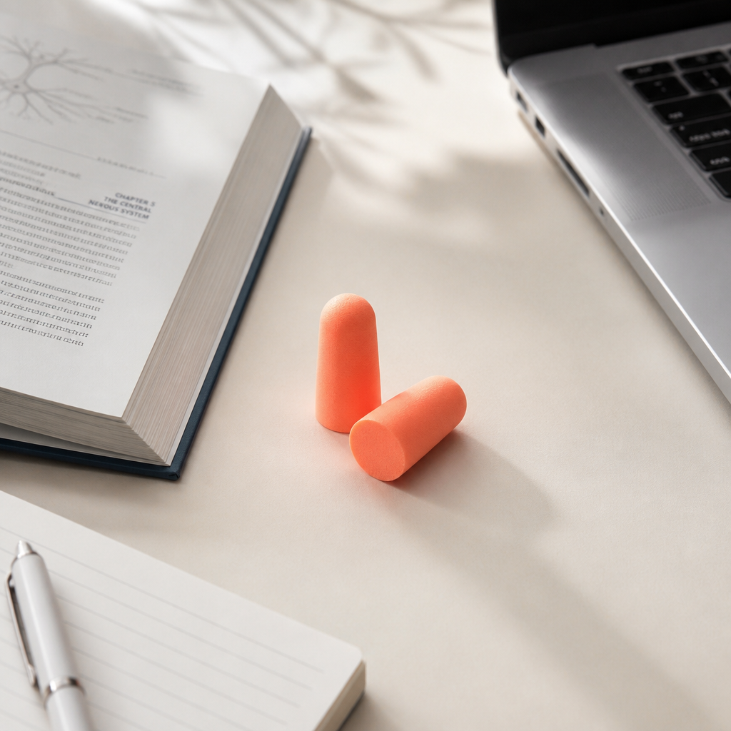 Foam ear plugs on a study desk with textbook and laptop in natural light