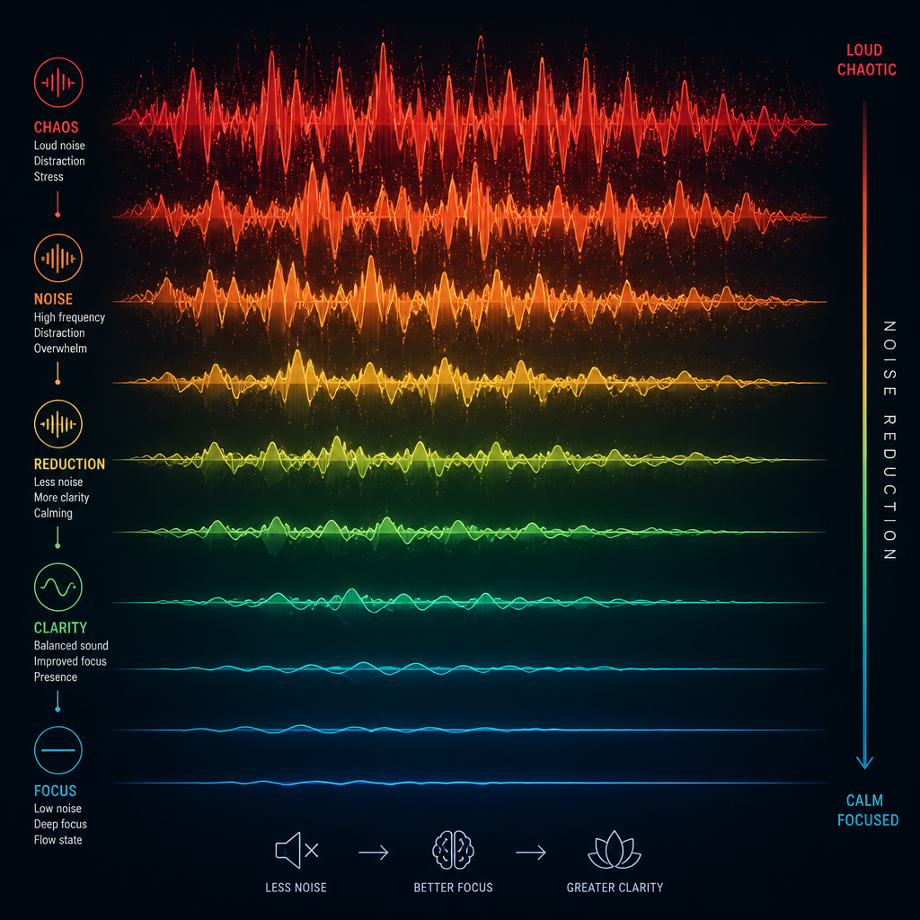 Sound wave visualization showing decreasing noise levels from top to bottom