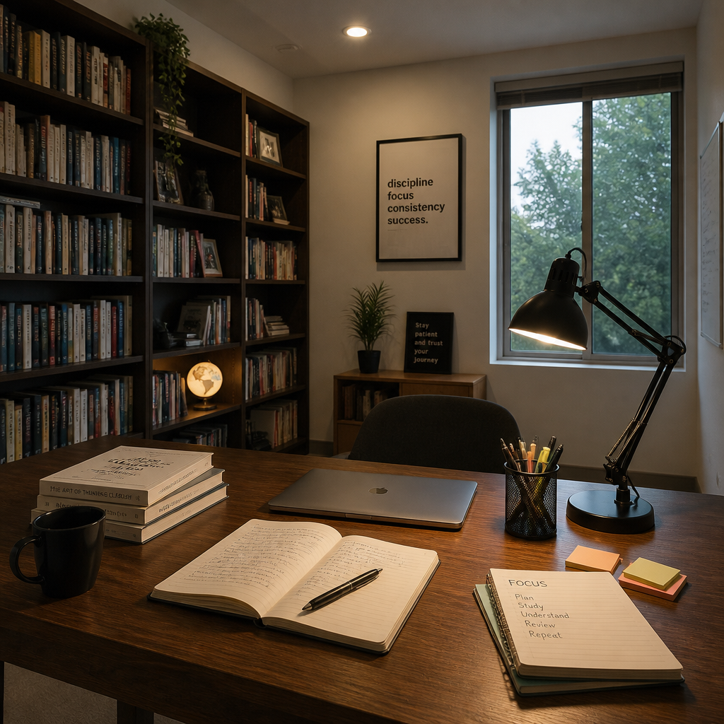 Calm study workspace with soft lighting and organized desk setup
