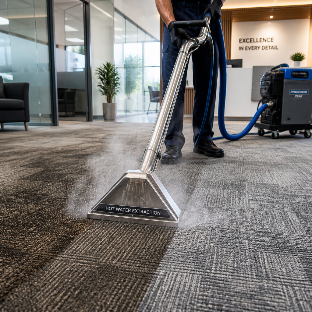 Commercial carpet cleaning equipment restoring office carpet to pristine condition