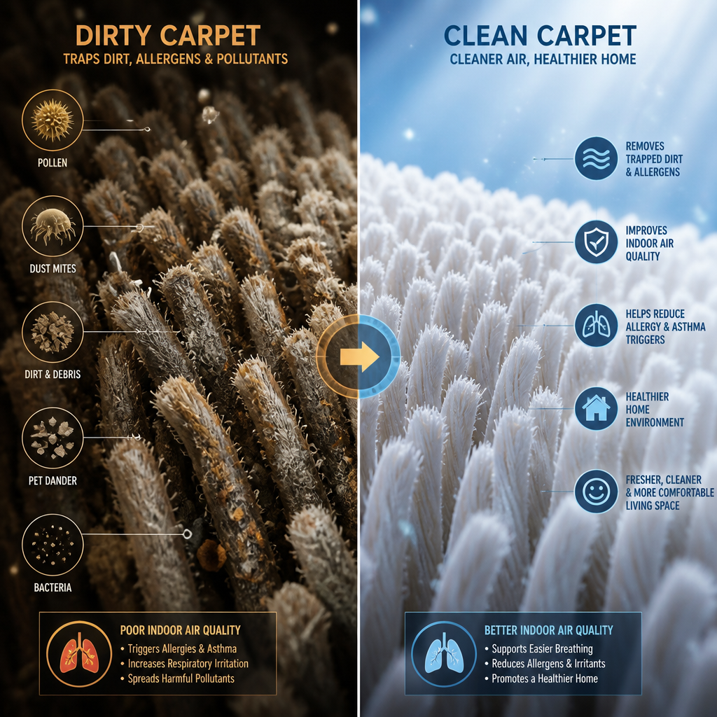 Microscopic comparison of dirty versus clean carpet fibers showing health benefits