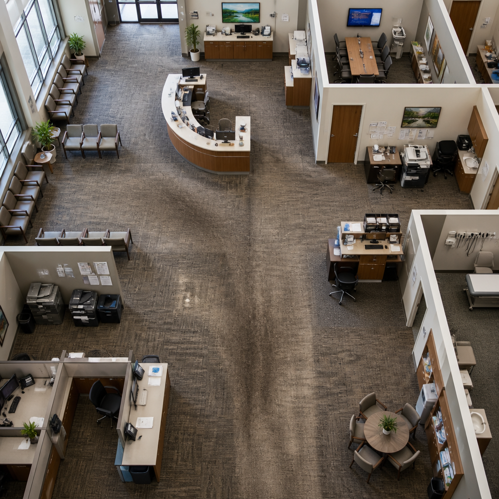 Bird's eye view of commercial office space showing varied carpet conditions across high-traffic areas