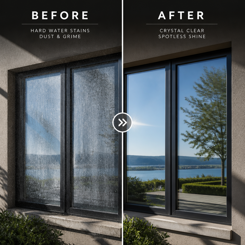 Before and after comparison of window cleaning transformation from grimy to spotless