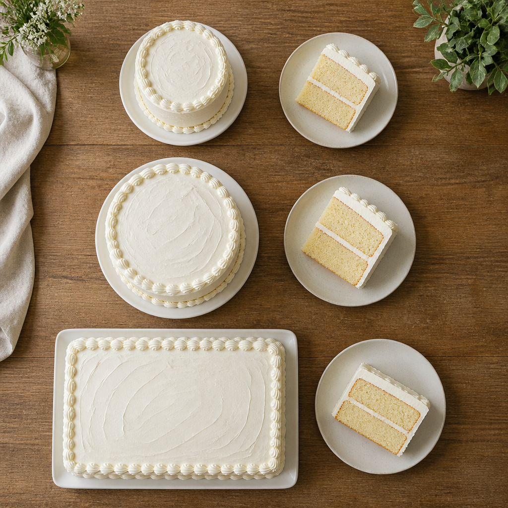 Different cake sizes displayed with portion reference plates on a wooden surface