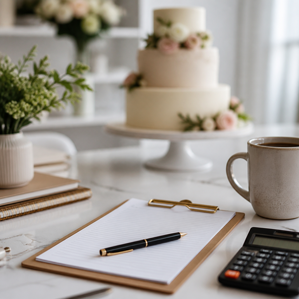Party planning workspace with organizational tools and tiered cake in soft focus
