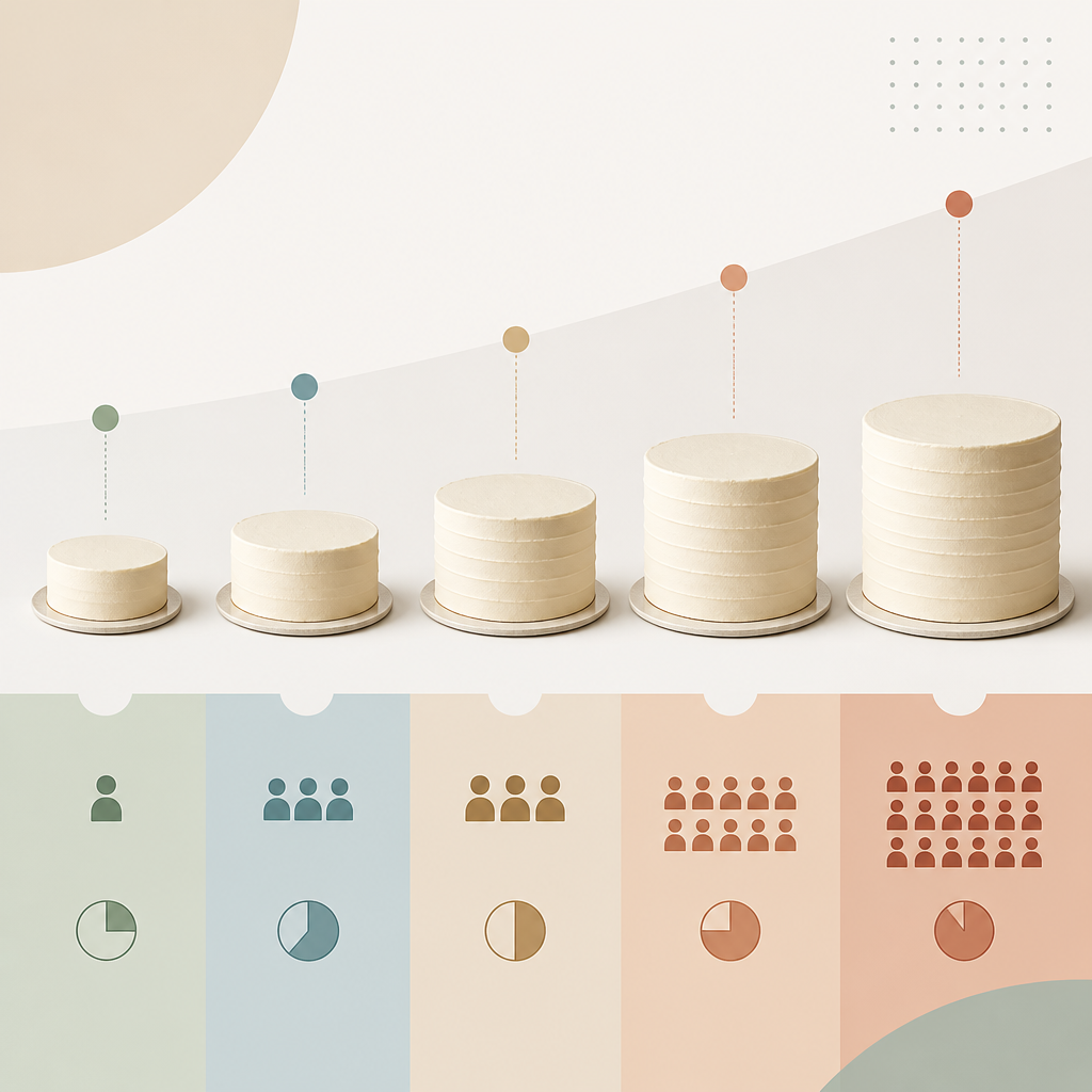 Abstract visual scale showing cake size progression and proportional serving relationships