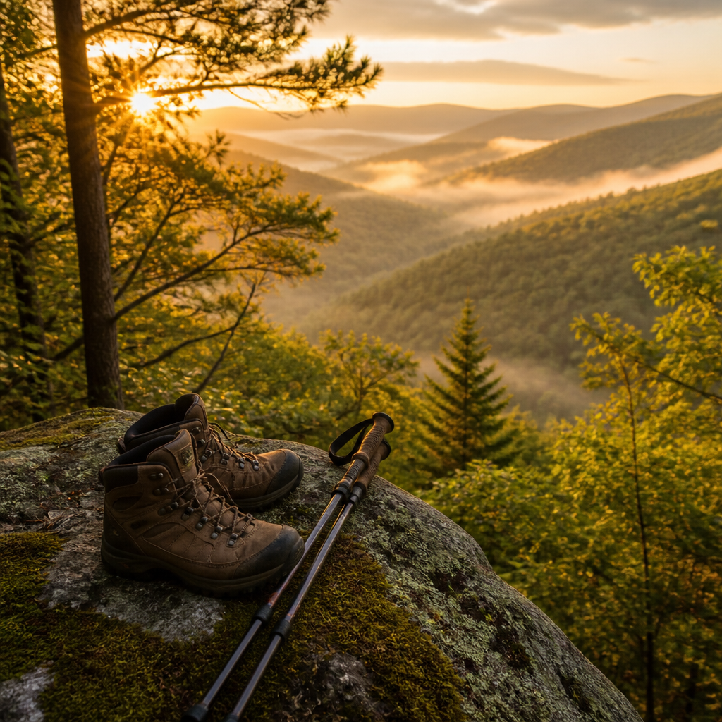 Hiking boots and trekking poles on a mountain overlook in Vermont
