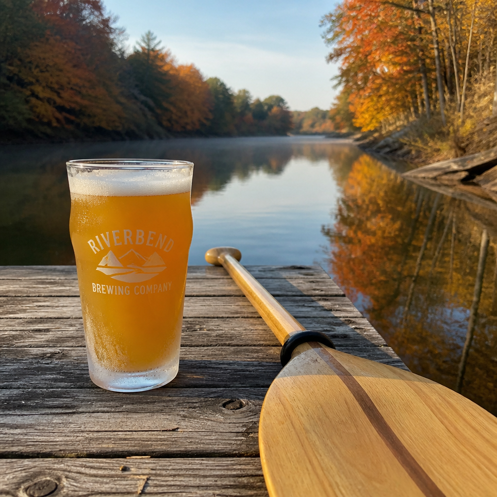Cold craft beer on a riverside dock in Vermont with paddling gear
