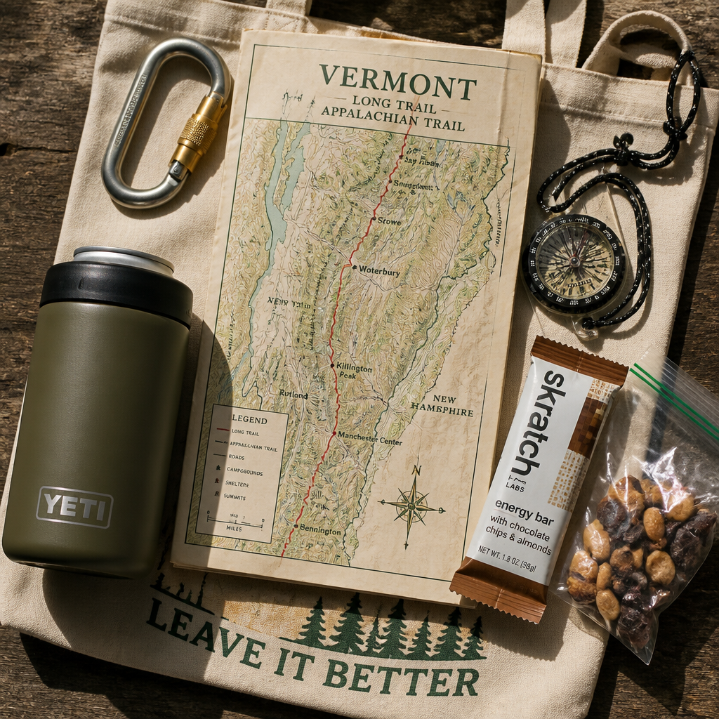 Outdoor adventure gear and equipment laid out on a map