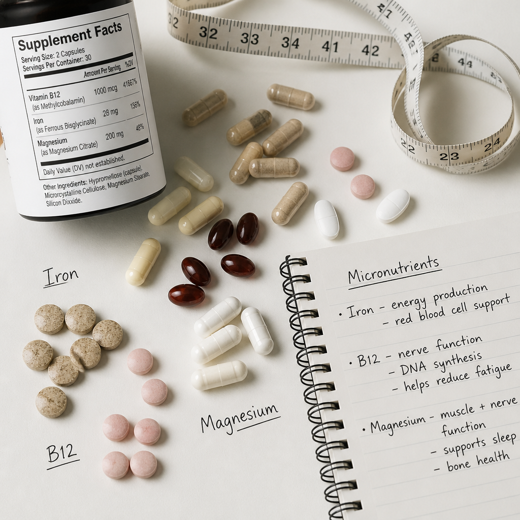 Assorted women's multivitamin supplements and nutrient forms displayed with nutrition information