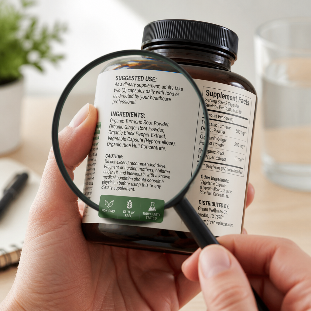 Magnified supplement bottle label showing nutrient contents and ingredient information