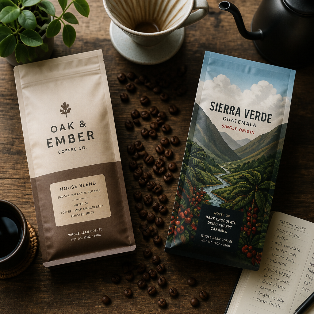 Two contrasting coffee bags representing house blend and single origin, styled with brewing equipment and tasting notes