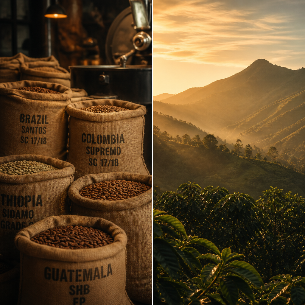 Visual comparison of house blend roastery sourcing versus single origin farm landscape